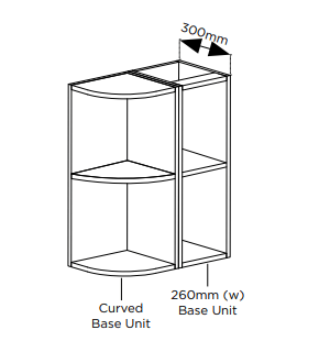 Diagram of a curved base unit with dimensions labeled.