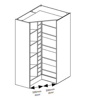 Line drawing of a diagonal corner cabinet with dimensions labeled.