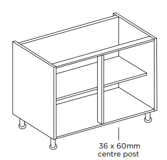 Line drawing of a Double Base Unit with a shelf, centre post (labelled 36 x 60mm) and legs on a white background.