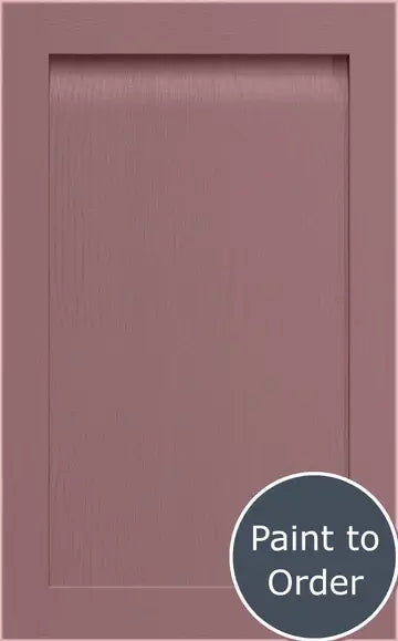 A painted Dusky Pink Grantham door. At the bottom right there's a red circular sign with Paint to Order in white letters.