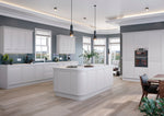Modern kitchen with light grey cabinets, island, and appliances.