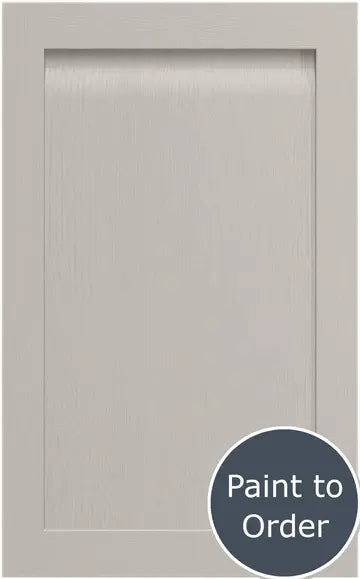 A painted Taupe Grey Grantham door. At the bottom right there's a red circular sign with Paint to Order in white letters.