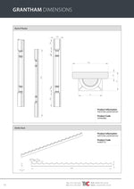 Product Guide for Grantham barrel pilaster and bottle rack with dimensions on a white background.