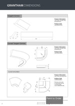 Technical drawings of tangent cornice, curved tangent cornice, and curved cornice block with dimensions and product codes.