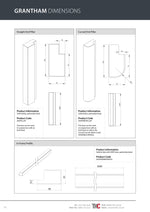 Technical drawing of Grantham dimensions with various product sections.