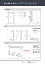 Technical drawings and product information for Grantham grain direction and dimensions on a white background.