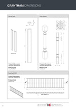 Technical drawing of Grantham accessories with dimensions and product codes.