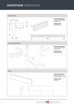Technical drawings and product information for 'Grantham Dimensions' on a white background.