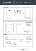 Technical drawings and product information for Grantham grain direction and dimensions on a white background.