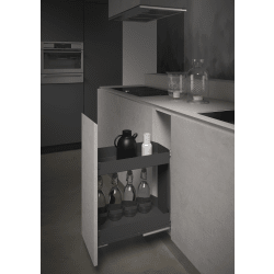 Modern kitchen with grey cabinets and stainless steel appliances.