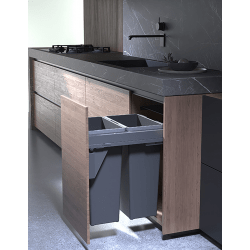 Modern kitchen sink area with wooden cabinets and grey countertop.