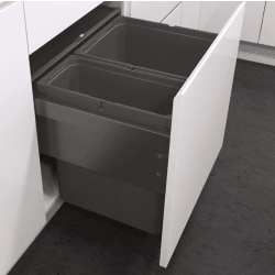 Grey pull out bin inside a white cabinet 