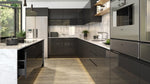 Modern Jayline kitchen with dark cabinets and stainless steel appliances