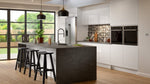 Modern Jayline kitchen with a dark island, white cabinets, and black appliances.