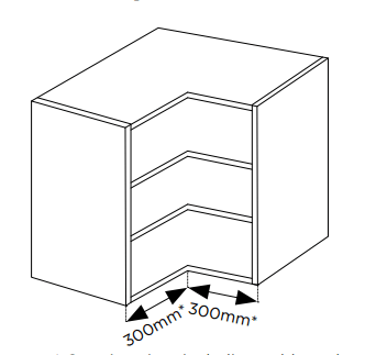 Technical drawing of an L-shaped corner cabinet with dimensions indicated.