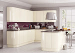 Modern Lucente gloss cream kitchen with an island. Curved doors on wall and base units as well as the island.