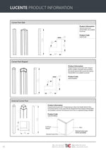 Lucente product information sheet with corner post slab, shaped, and external corner post designs.