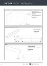 Lucente Product Guide for shaped end panels, square edge cornice/pelmet, and plinth