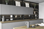 Lucente kitchen with dust grey cabinet doors, wooden worktops, and decorative items.