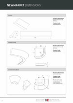 Newmarket Product Guide featuring technical drawings and info on Tangent Cornice, Curved Tangent Cornice, and Curved Cornice Block.