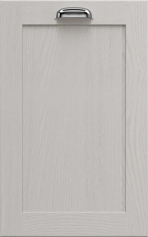 A Newmarket shaker-style cabinet door in Light Grey with a silver handle at the top. 