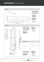 Technical dimensions and product information for a Newmarket mantel system on a white background.