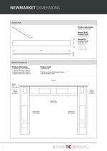 Technical drawing of a Newmarket Mantel Kit with dimensions and product codes.