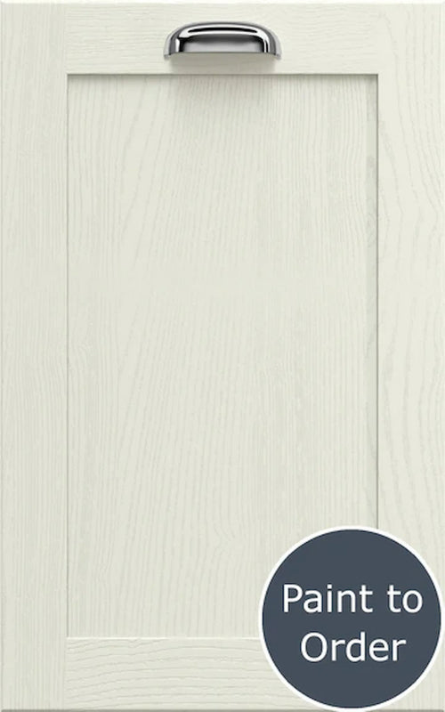 A Newmarket shaker-style cabinet door in Porcelain with a silver handle at the top. Labelled with 'Paint to Order'.