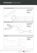 Product Guide with dimensions and product codes on a white background.