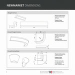 Technical drawings of cornice products with dimensions and product codes on a grey background.