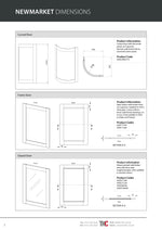 Technical drawing of Newmarket dimensions for curved, frame, and glazed doors with product codes.