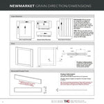 Technical diagram of Newmarket grain direction and dimensions for furniture components.