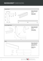 Technical drawings and product information for Newmarket dimensions on a white background.