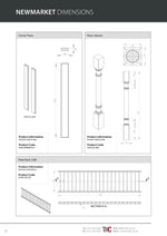 Technical guide for Newmarket kitchen components with dimensions and product codes.