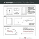 Newmarket Product Guide showing grain direction and dimensions for doors, drawer fronts and end panels.