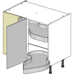 Kitchen cabinet with open door showing interior shelves