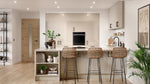 Ora kitchen with cashmere cabinets, island, and bar stools.