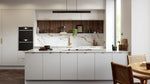 Modern Ora kitchen with matt light grey cabinetry, marble backsplash, and wooden dining area.