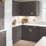 Oxford kitchen with dark grey cabinets and white countertops