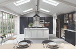 Oxford shaker kitchen with Indigo doors and accessories, and an island with Light Grey doors, end panels and plinth.