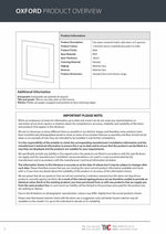 Product information sheet for an Oxford door with specifications and notes.