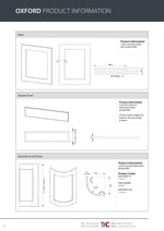Product information sheet for Oxford with technical drawings and dimensions.