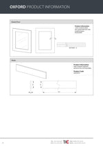 Product information sheet for Oxford with diagrams and dimensions of a glazed door and a length of plinth.