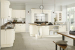 Modern kitchen with porcelain cabinets and marble countertops