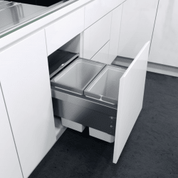 pull out bin with open door in a kitchen setting