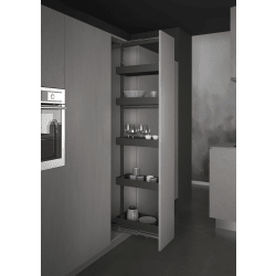 Modern kitchen interior with grey cabinets and appliances.