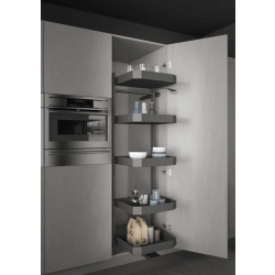 Modern kitchen with built-in appliances and open shelves.