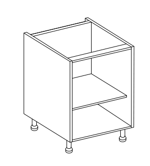 Line drawing of a two-shelf cabinet with legs on a white background.