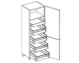 Technical drawing of a Smart Larder unit with one fixed shelf and five drawers, with bracket details and dimensions.