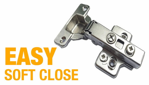 Kitchen cabinet hinge with 'Easy Soft Close' text on a white background